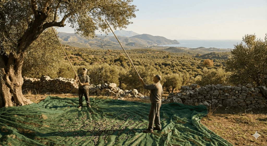 La récolte des olives en Crète par 2 Crétois en fin de journée.